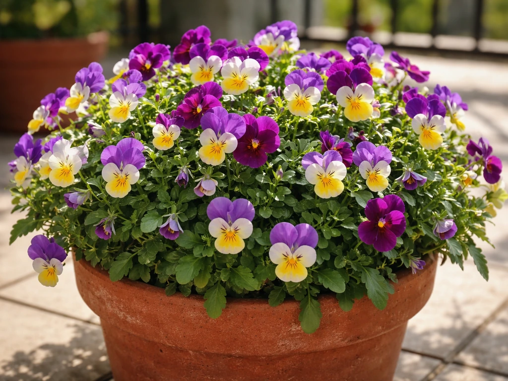 Close-up of thriving viola flowers blooming in a terracotta pot on a sunny patio balcony
