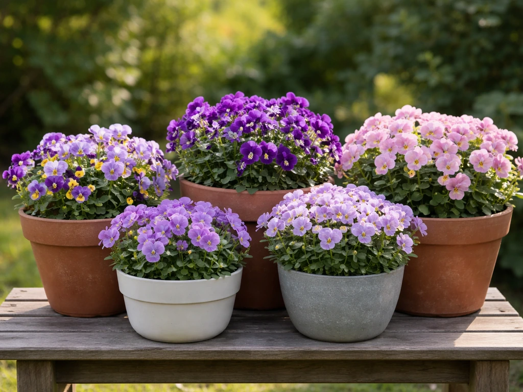Compact viola plants in several small pots on a wooden bench in natural daylight