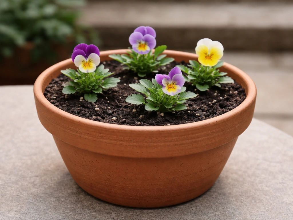 Terracotta pot sized for 3–5 violas, filled with soil and small plants spaced evenly.