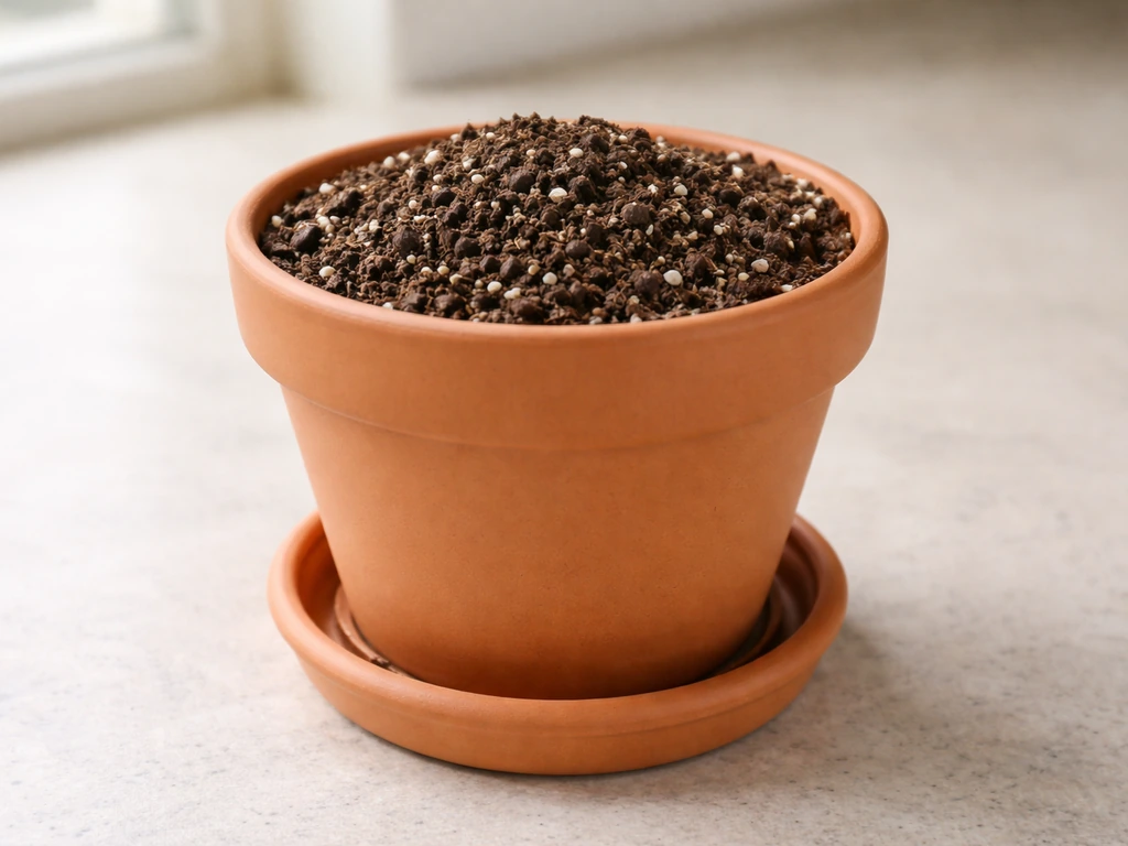 Close-up of a pot filled with well-mixed potting soil, showing loose texture and drainage-ready container.