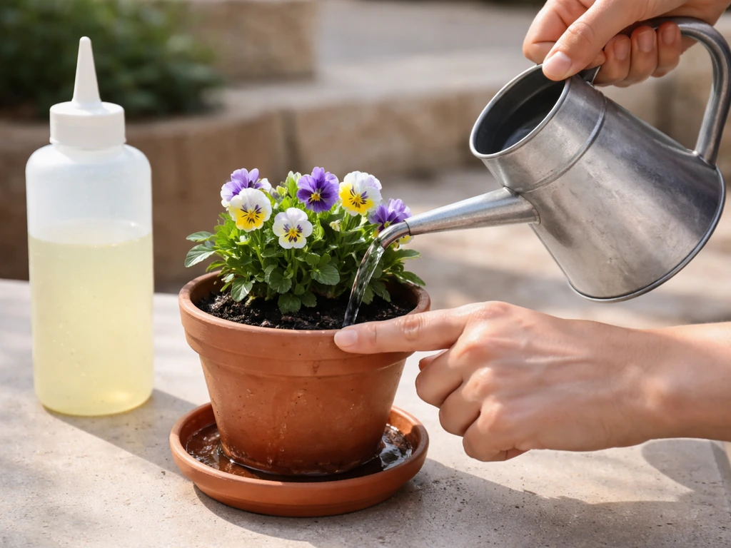 Hands checking soil moisture and watering a potted viola, with a fertilizer bottle nearby