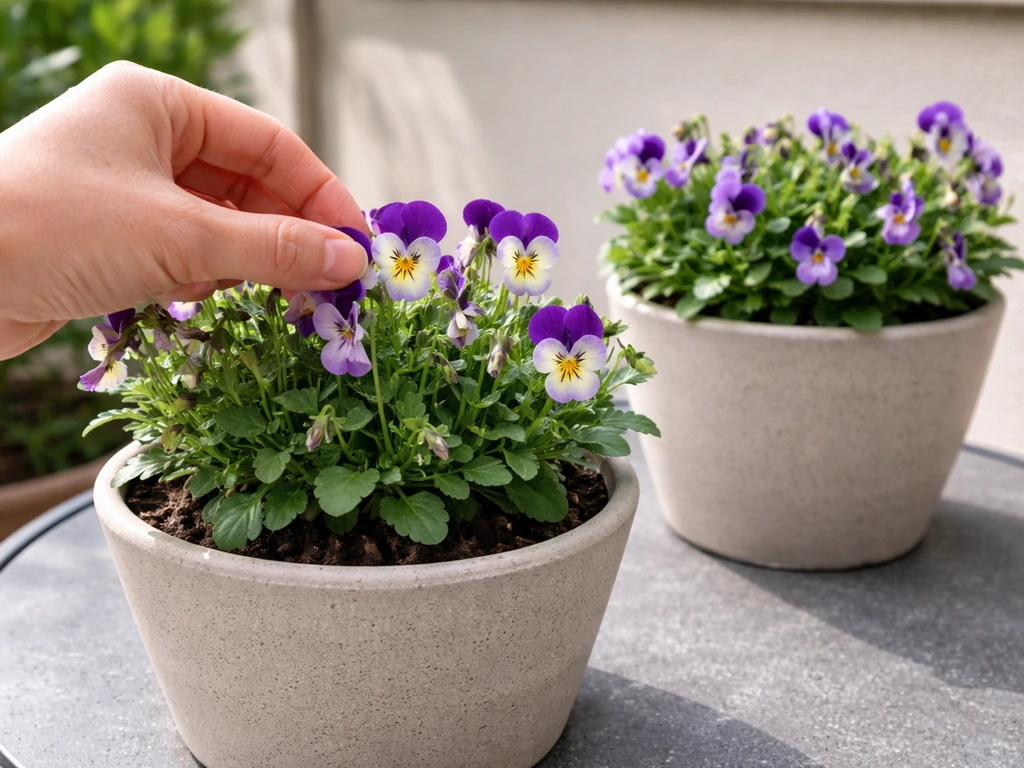 Hand deadheading spent blossoms on potted violas, with a second pot suggesting before/after.