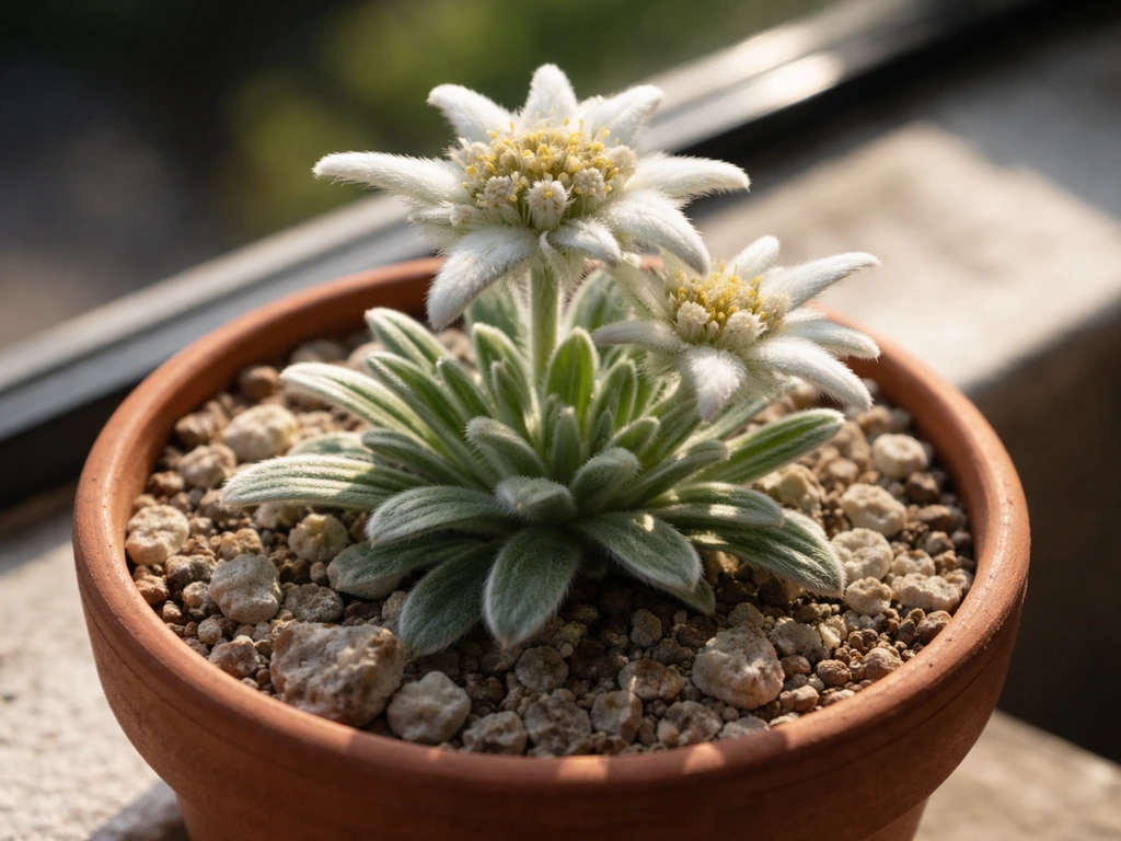 Silvery woolly Alpine edelweiss in a gritty terracotta pot on a sunlit windowsill, close and dramatic.