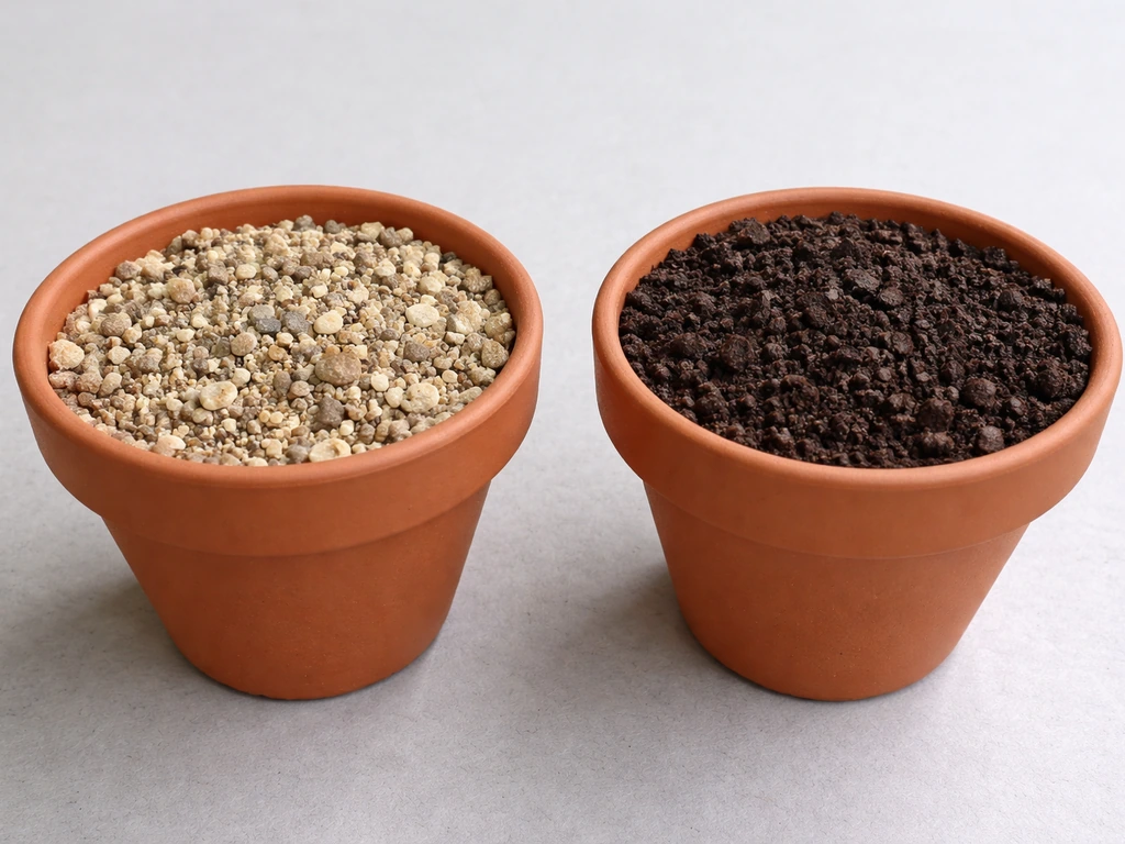 Gritty alpine potting mix texture beside dense rich compost in two small pots, showing moisture differences.