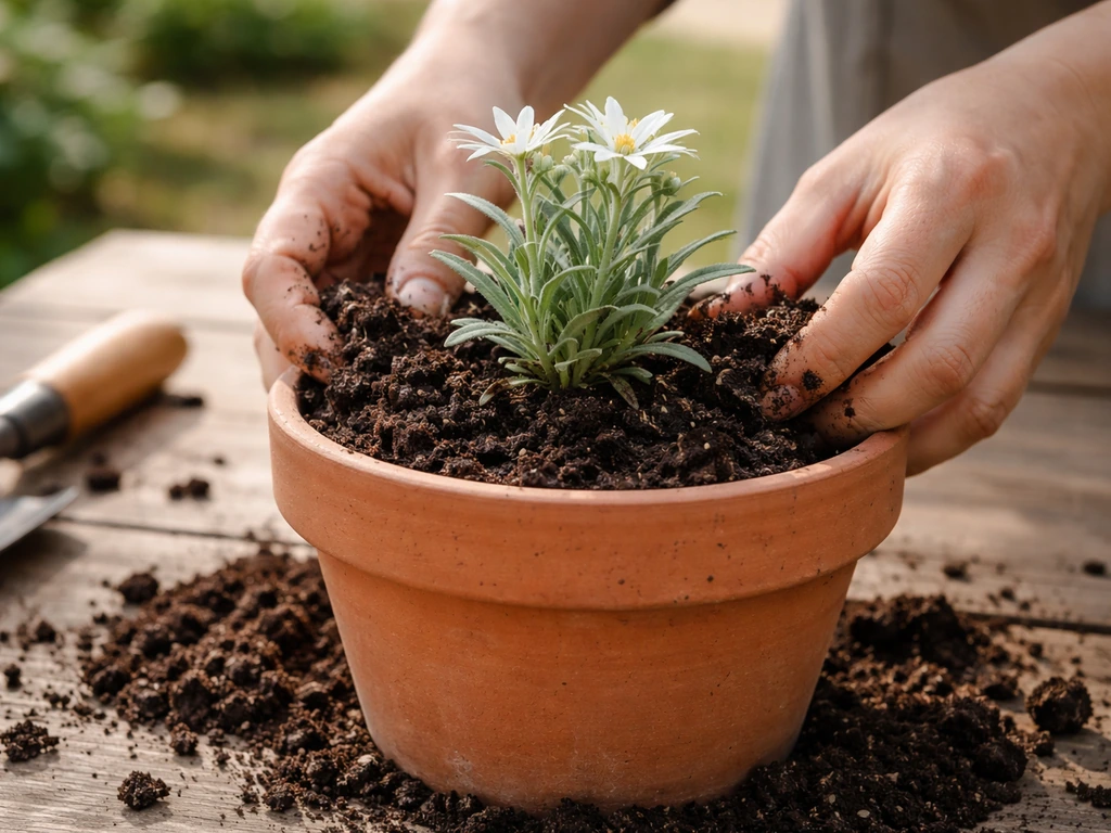 Close-up of edelweiss centered in a terracotta pot with soil filled around roots, crown left above soil.