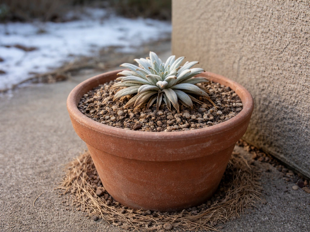 Potted edelweiss in winter dormancy with dry, well-draining soil and gravel mulch near a sheltered wall.