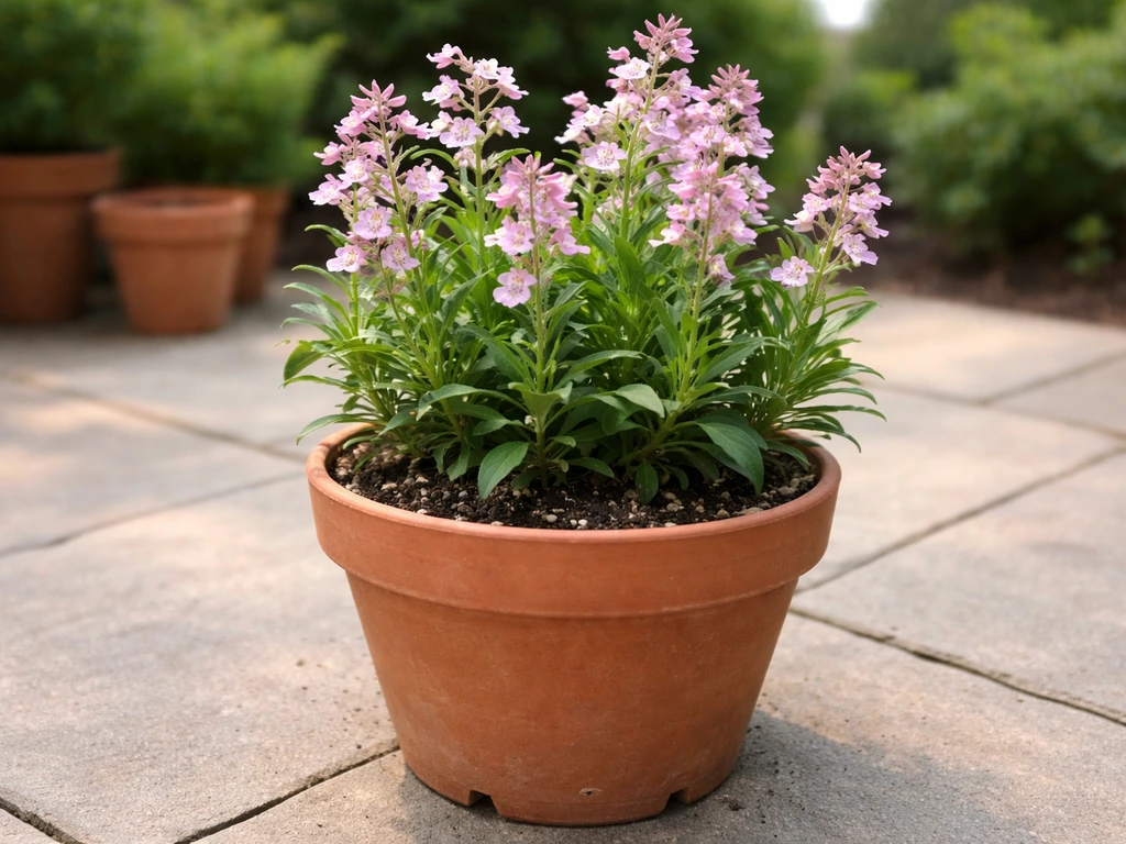 Purple-pink penstemon flowering in a terracotta pot on a quiet patio, natural light and minimal background.