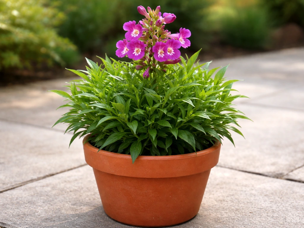 Compact penstemon in a terracotta pot with vivid tubular blooms on an outdoor patio.