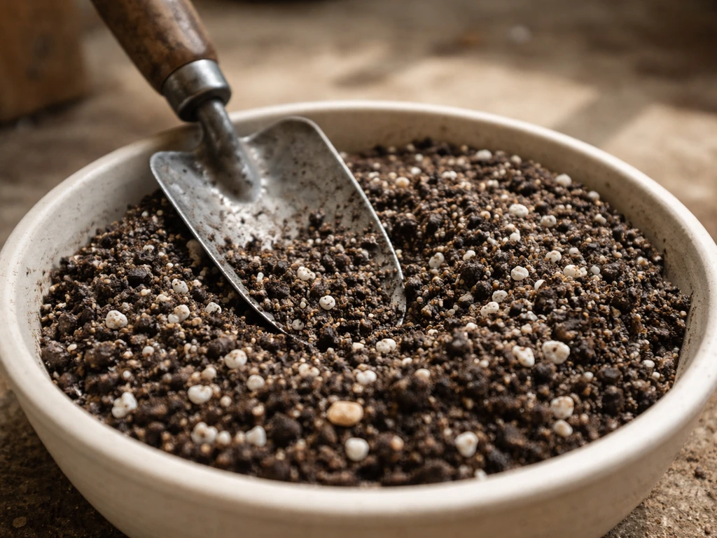 Close-up of gritty potting mix texture with coarse perlite and compost in a small container
