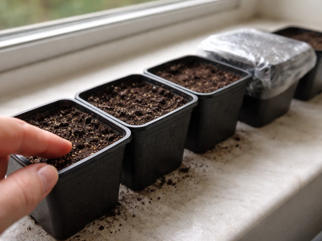 Close-up of small pots with moist seed compost as tiny seeds are lightly pressed in for cold stratification.