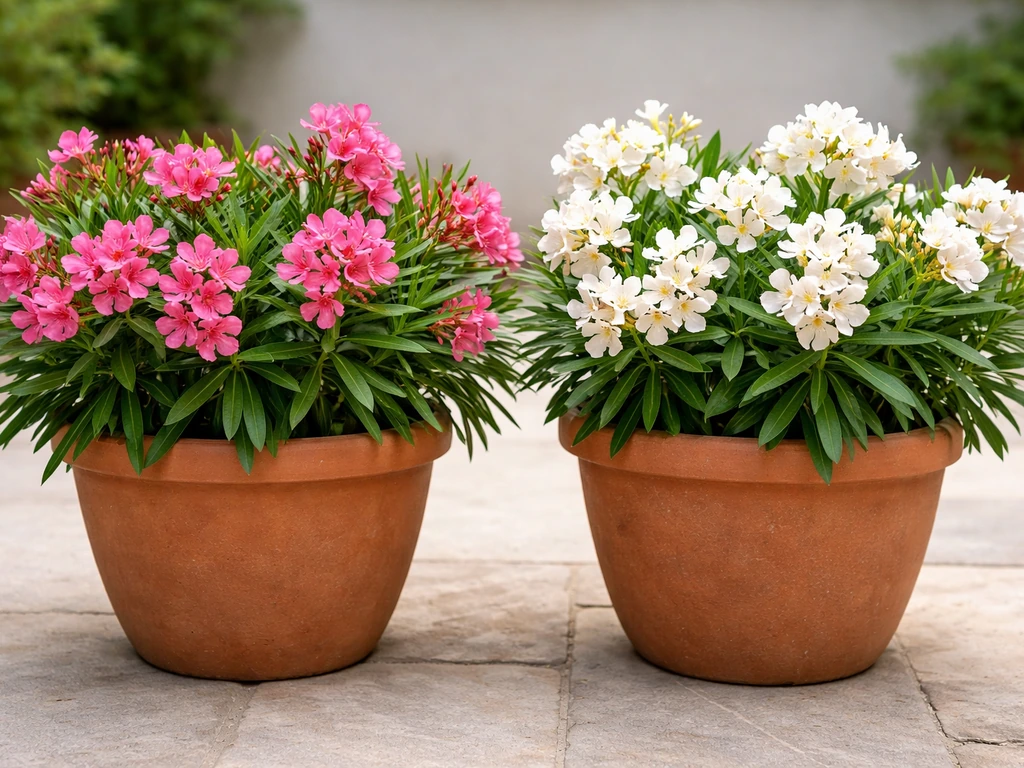 Two dwarf oleander plants in patio pots with visible pink and pale blooms beside each other.