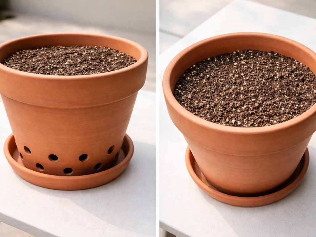 Large terracotta pot with visible drainage holes and ample soil volume shown in a simple outdoor setup.