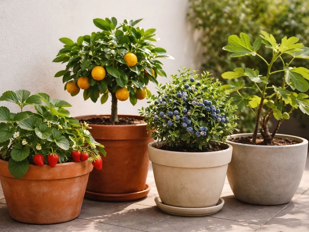Minimal photo of small potted fruit plants, showing compact container-friendly varieties in terracotta and pots.