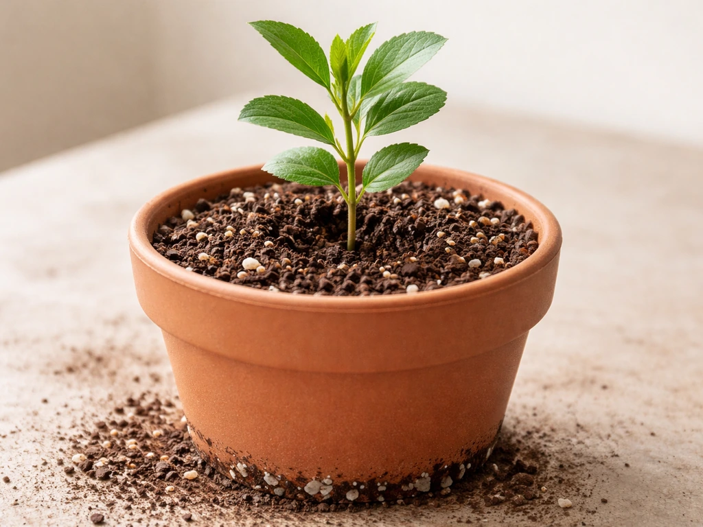 Close-up terracotta pot with loose perlite potting mix and a young fruit plant set at the right depth.