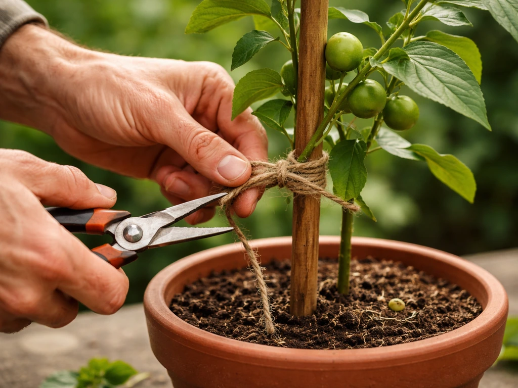 Gardener prunes and ties a potted fruit plant to a support stake with twine.