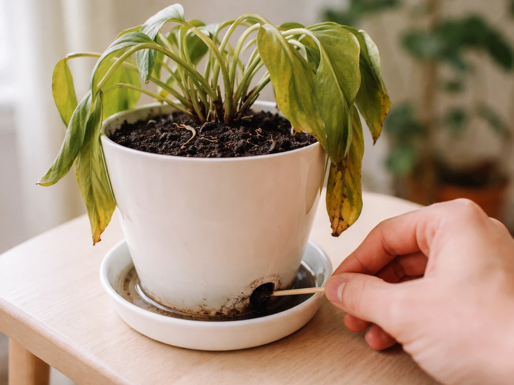 Wilting potted plant in damp soil while a hand clears a clogged drainage hole to fix overwatering.