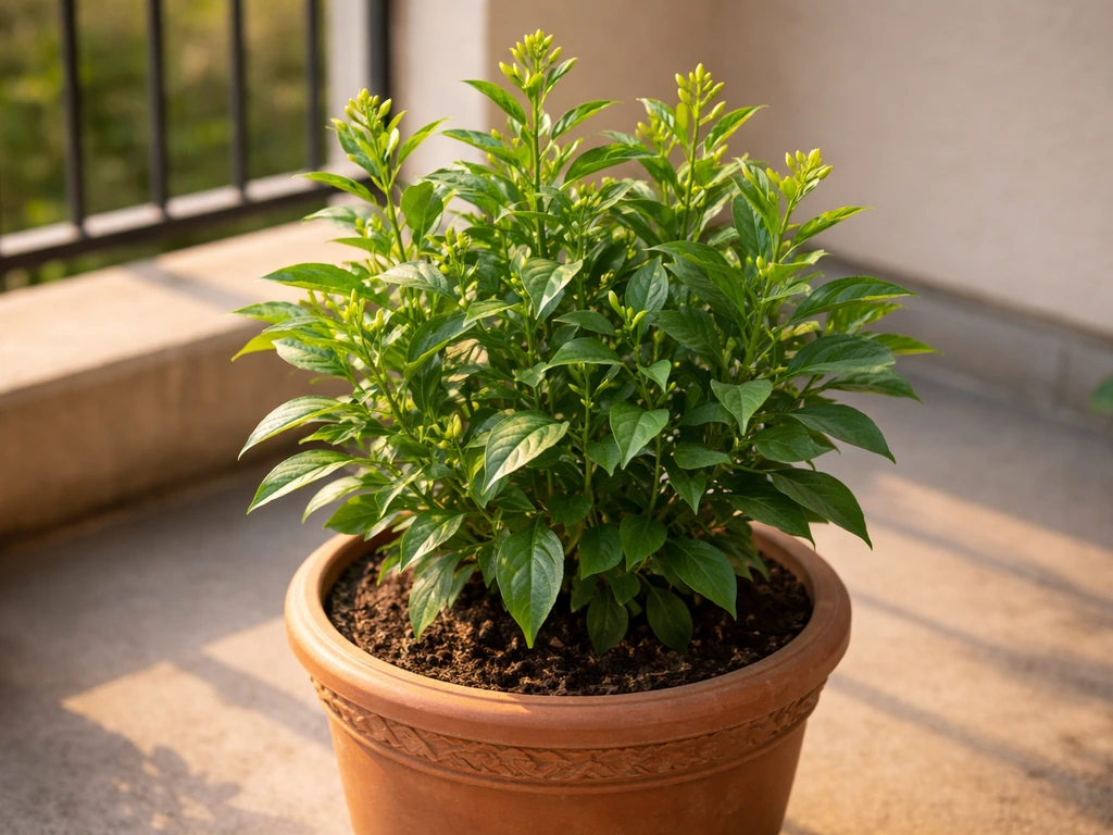 Lush rajnigandha plant in a decorative pot on a sunny balcony with soft evening light