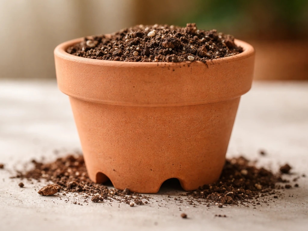 Close-up of a deep pot with drainage holes and free-draining loam potting mix ready to plant.