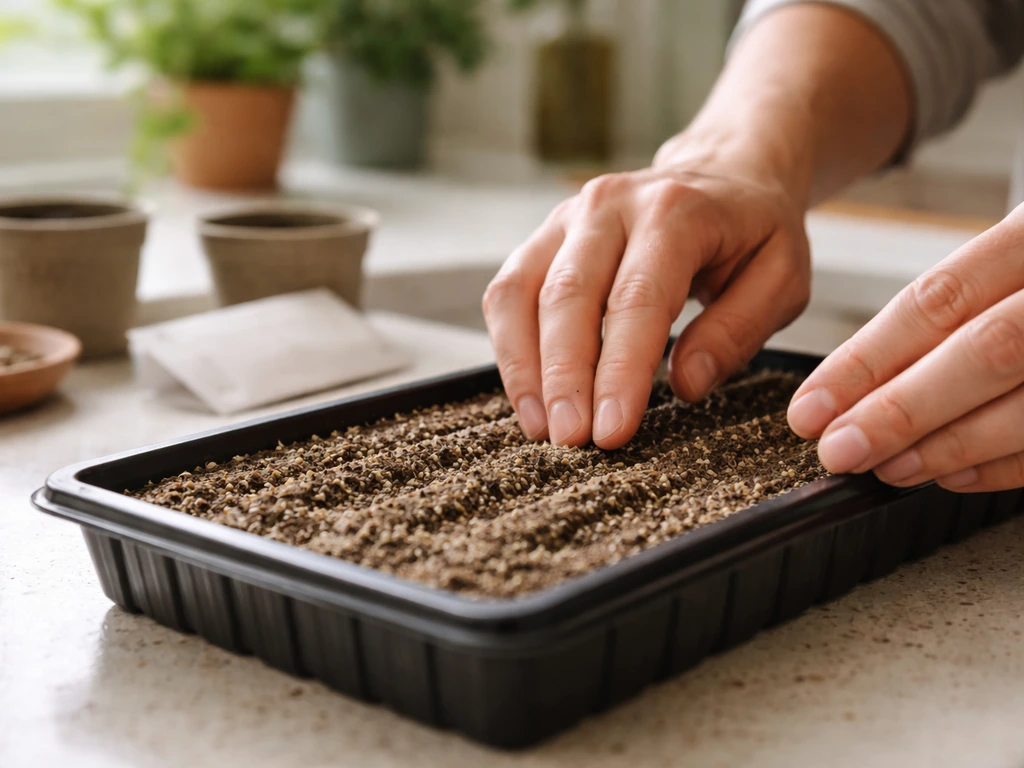 Close-up of seed-starting mix in small tray as tiny seeds are sown by hand.