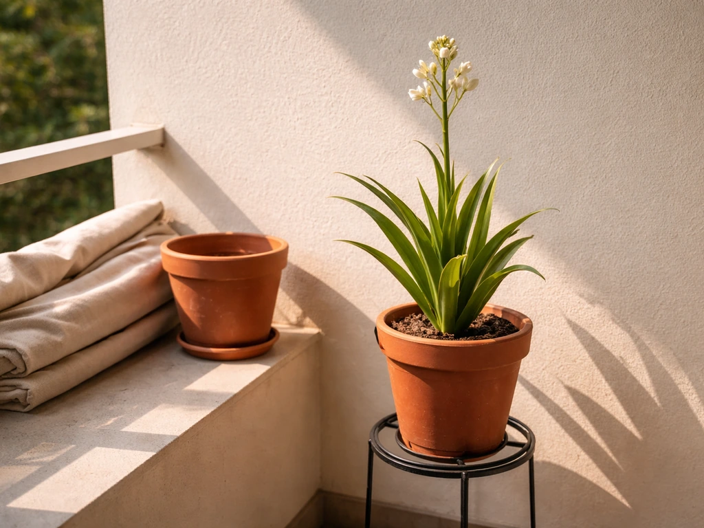 Potted rajnigandha basking in direct sun on a balcony ledge with summer heat relocation implied by nearby shade cloth.
