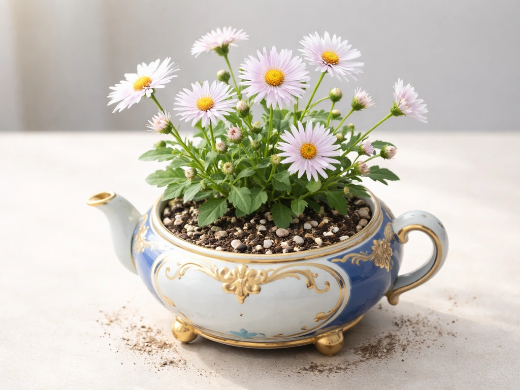Windwheel aster in bloom growing in a decorative Serenitea Pot with visible potting mix and drainage setup.