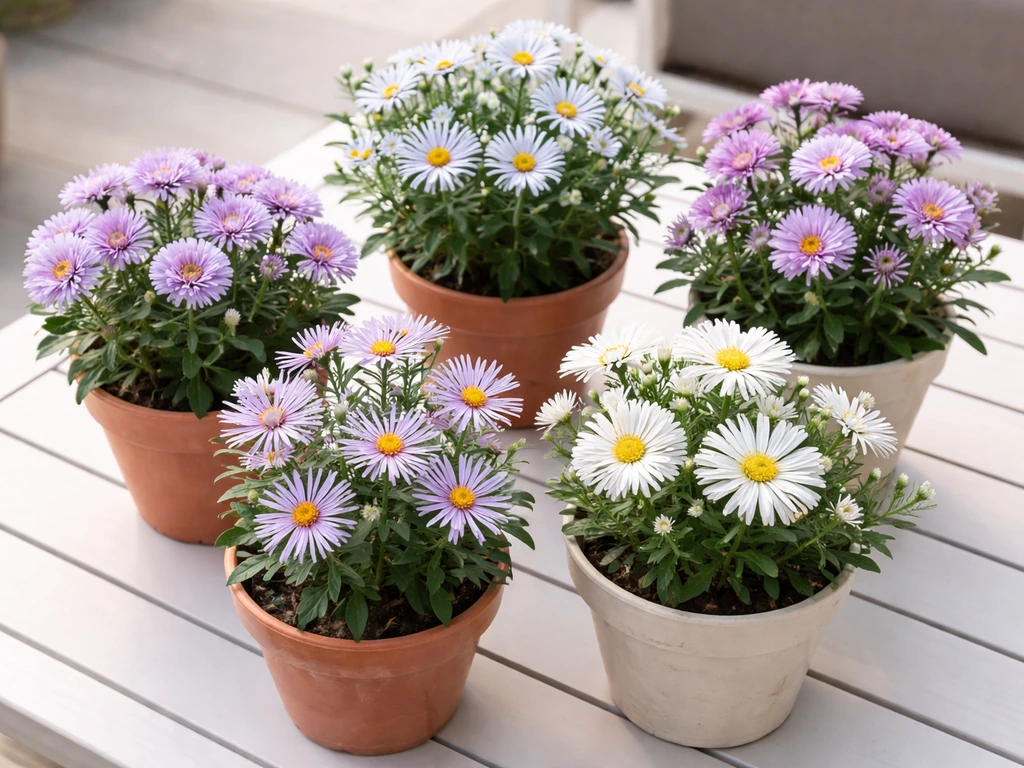 Close-up of several potted asters with different leaf and bloom shapes on a simple patio table