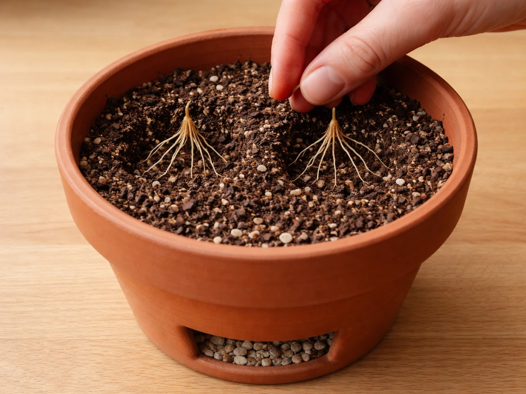 Terracotta pot on a table with drainage gravel, coarse soil, and spaced plant roots inside.