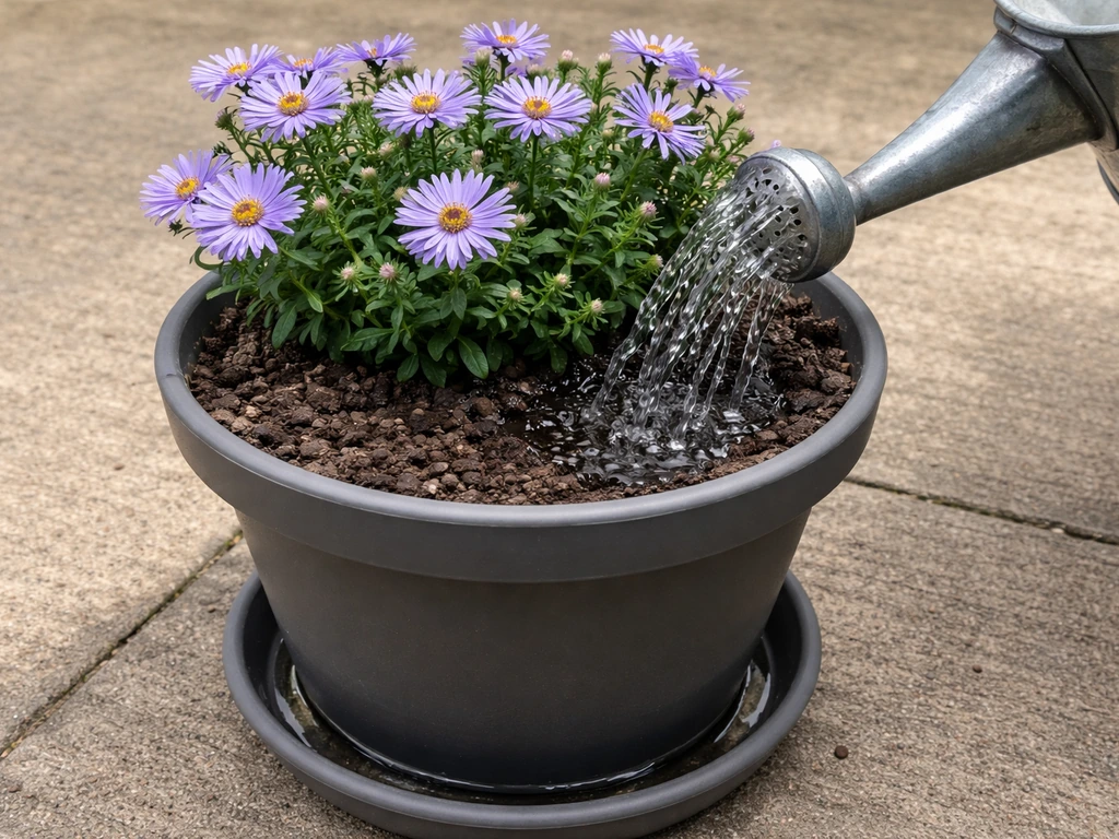 Watering a potted aster: dry topsoil darkens as water pours from a can and drains into a saucer.
