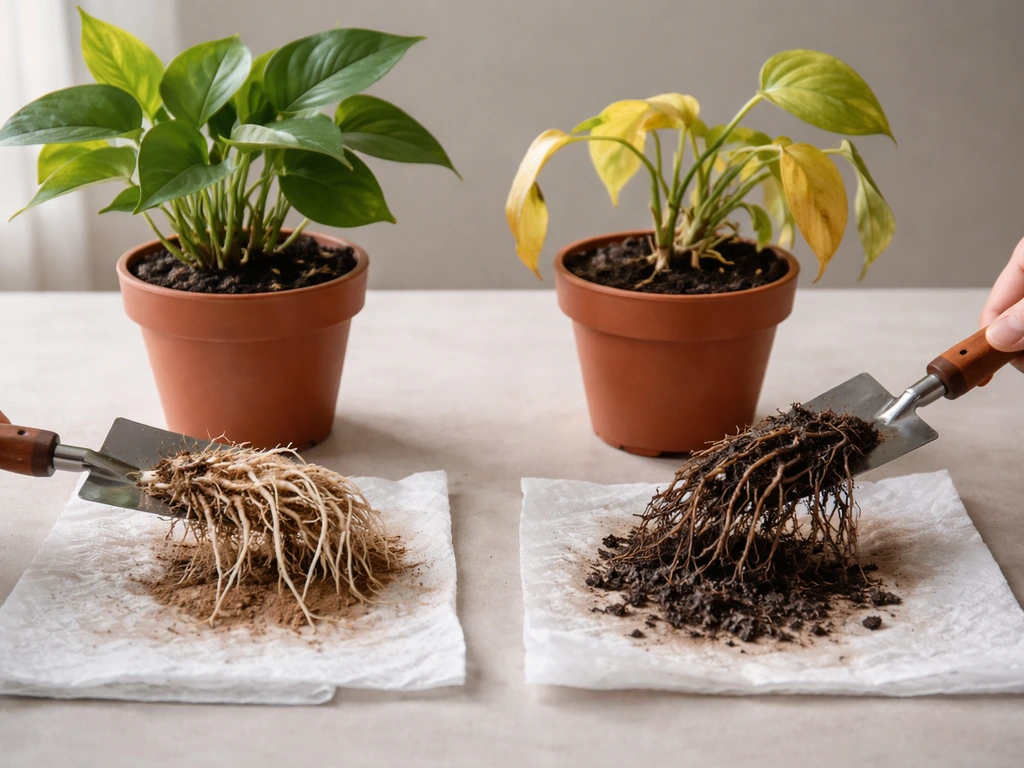 Two potted plants showing healthy vs yellow leaves, with healthy and root-rot roots side by side.