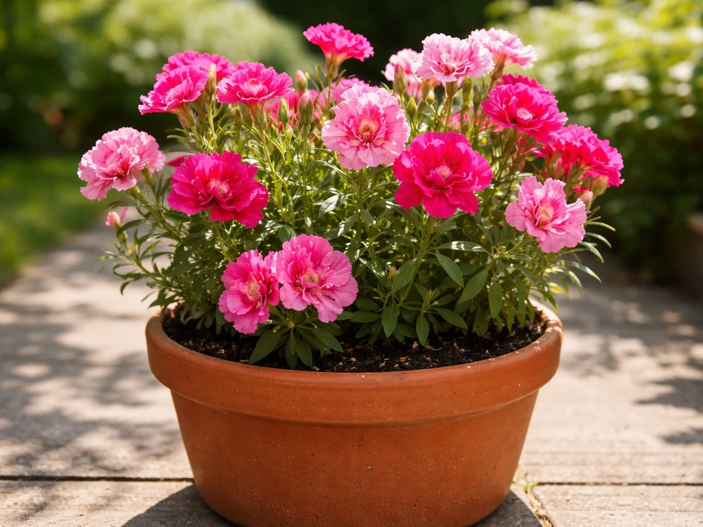 Pink godetia flowers spilling slightly over a terracotta pot edge on a sunny patio