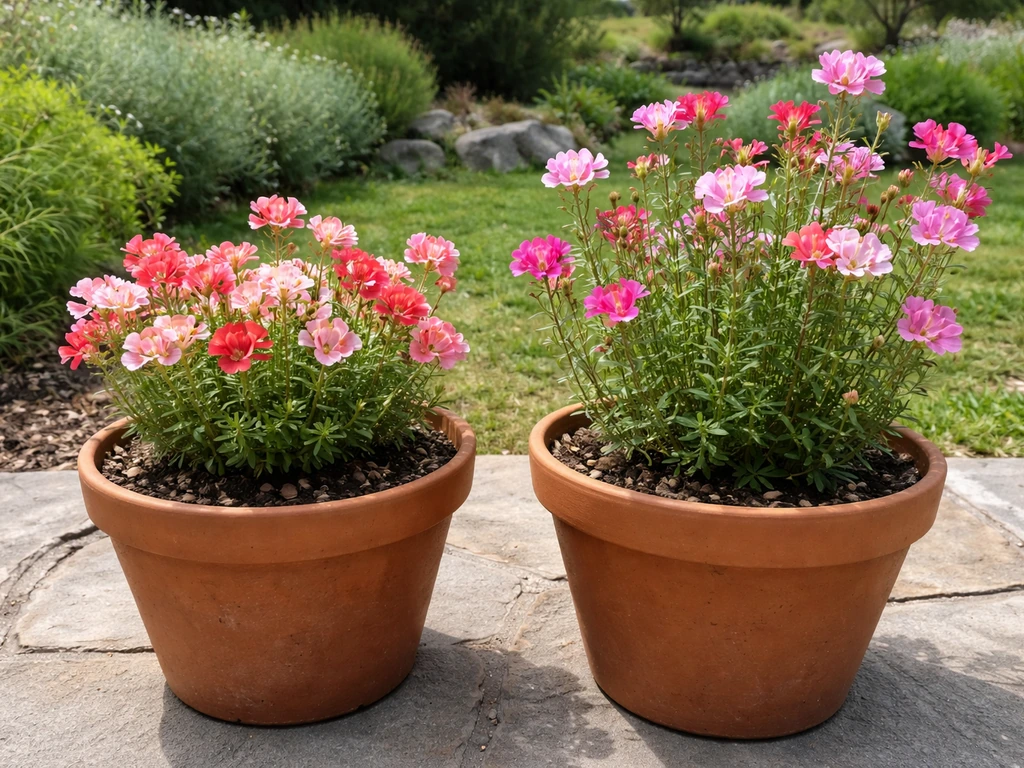 Two simple planters with compact upright flowering godetia/Clarkia showing different growth habits.