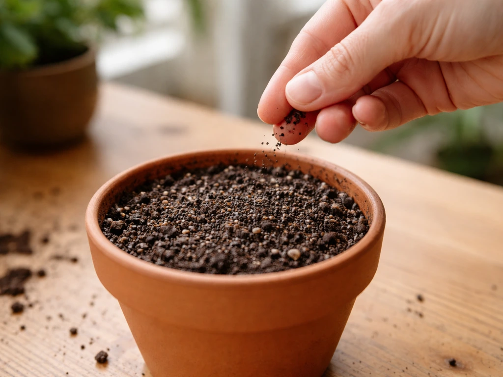 Hand sprinkling godetia seeds over a damp potting mix surface, thin scatter ready for light.