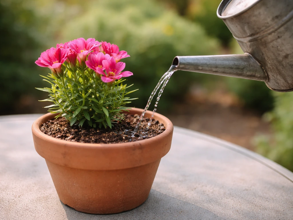 Watering can gently watering container godetia at soil level after top inch dries