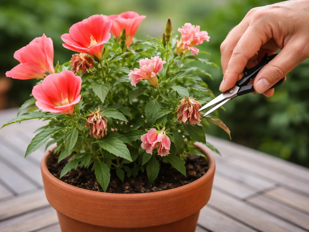Gardener snips spent godetia flower heads from a potted plant to encourage more blooms