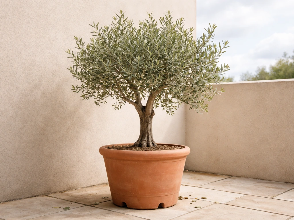 Potted olive tree thriving on a UK patio with terracotta pot and simple outdoor setting.