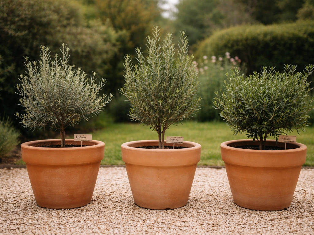 Three compact olive trees in terracotta pots showing different leaf shapes on a UK patio.
