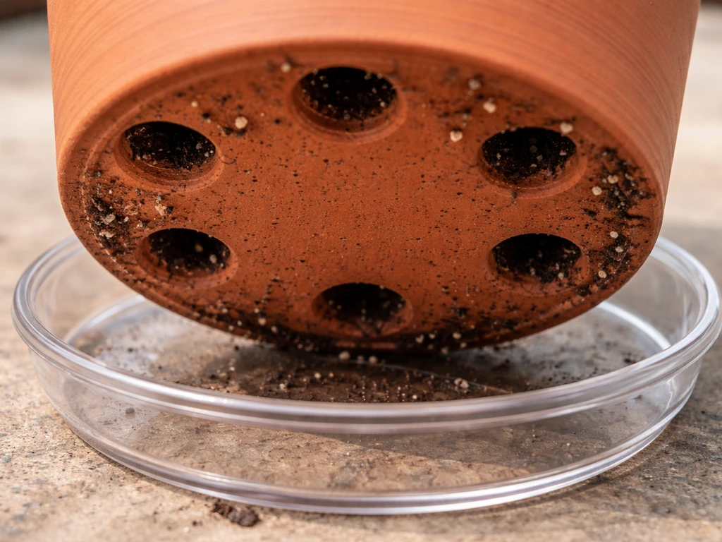 Close-up of a plant pot base showing several large drainage holes over a small catch tray.