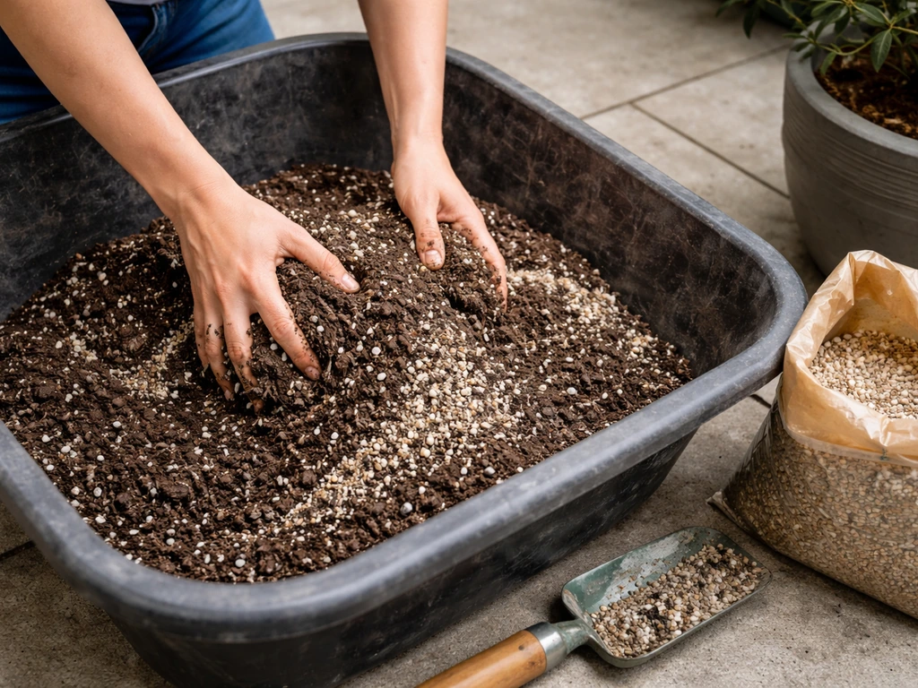 Hand placing gritty compost mix with horticultural grit/perlite into a container pot, tools nearby