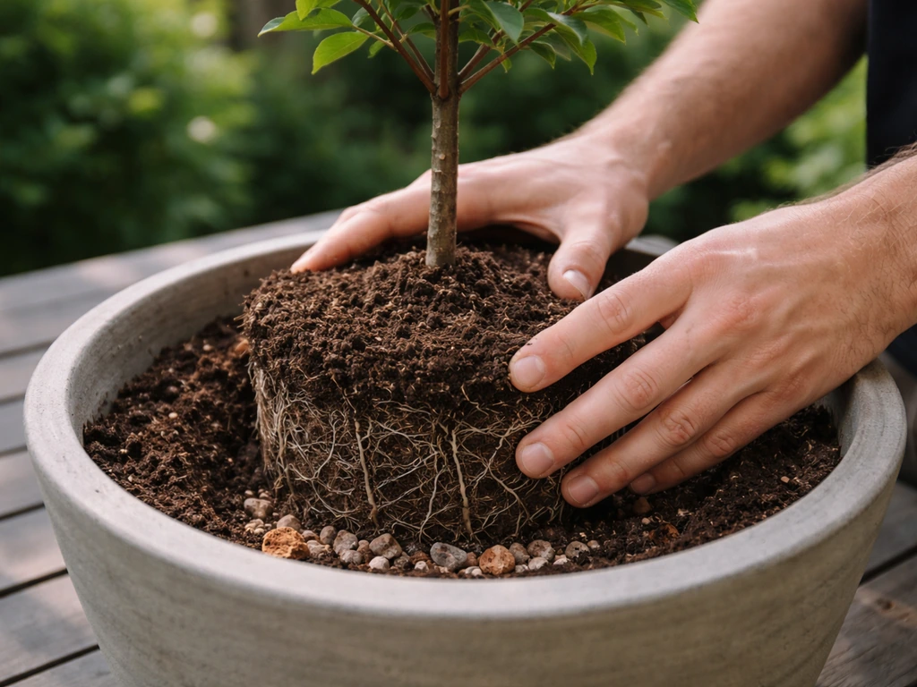 Hands placing a gravel drainage layer and setting a young tree’s root ball at the right height in a pot