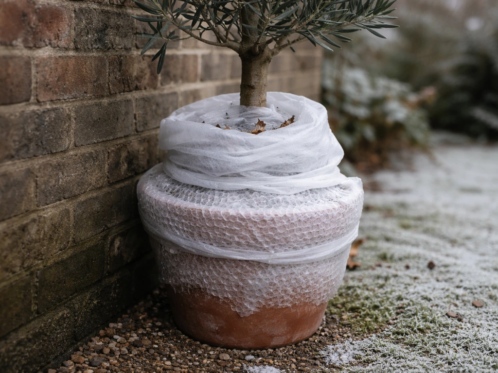 Olive tree in a pot wrapped for winter frost protection beside a sheltered wall in cold weather.