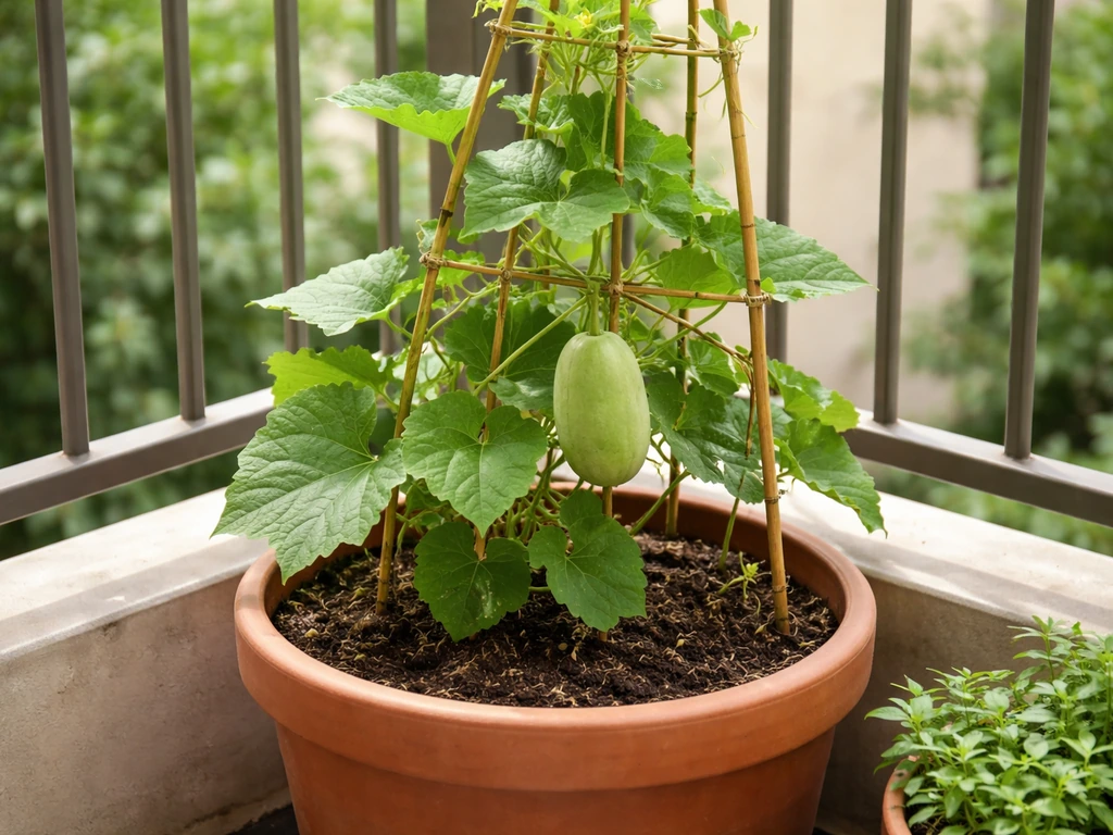 Ash gourd vine trained on a trellis growing from a large pot on a balcony patio, with a developing gourd.