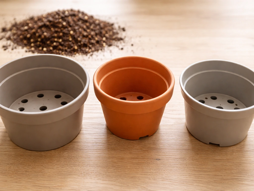 Ash gourd pots comparison: large drained container, terracotta and plastic options showing proper drainage