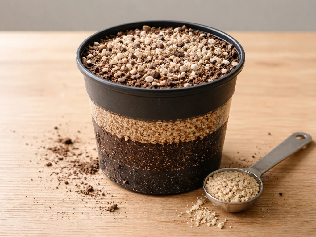 Layered container soil mix in a pot with a measuring spoon of slow-release fertilizer granules.