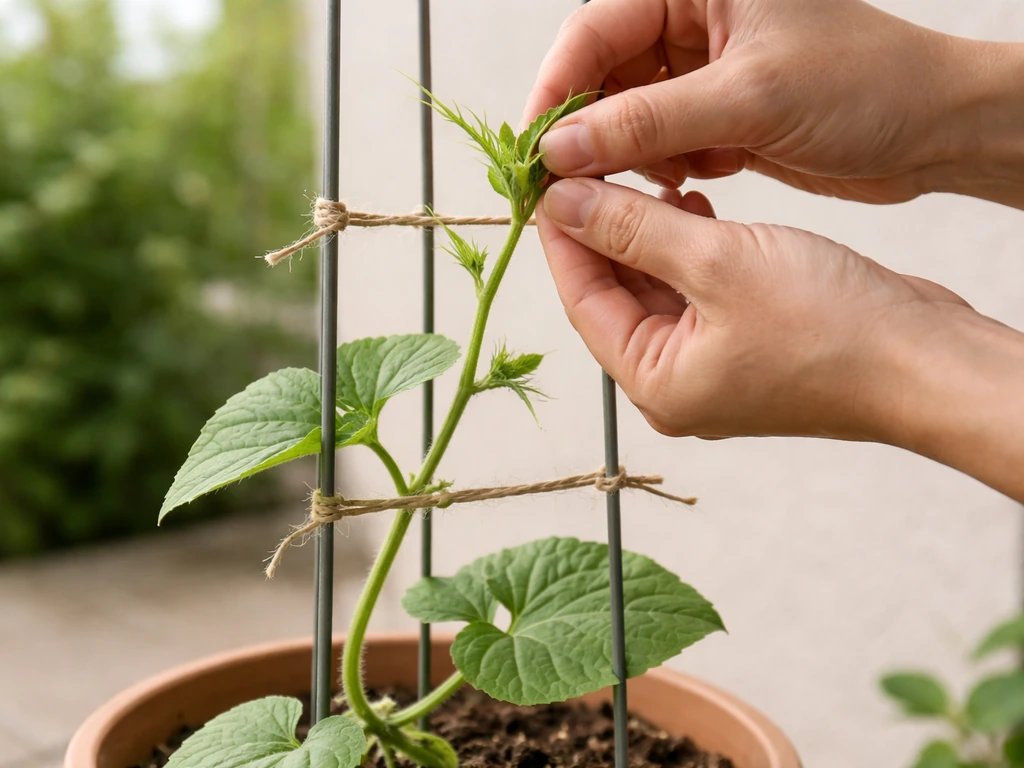 Ash gourd vine trained up a simple vertical trellis in a pot, with a gardener’s hand pruning near the top.