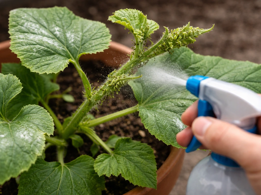 Close-up of ash gourd leaves in a pot with aphids on new growth and a neem spray being applied