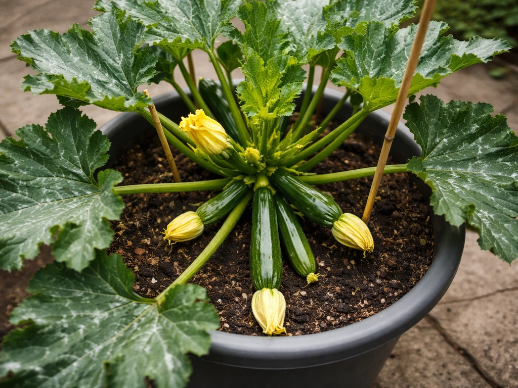 Overhead view of a healthy courgette plant in a pot with several young zucchini visible.