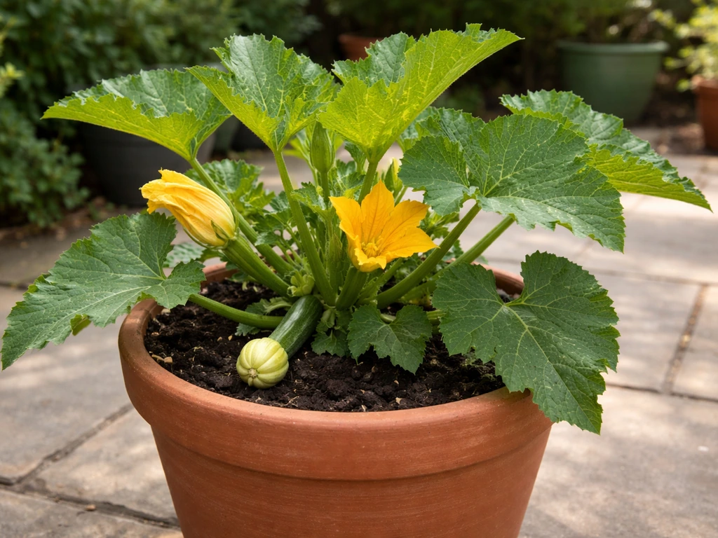 Healthy courgette plant growing in a large pot with lush leaves and a small developing fruit.