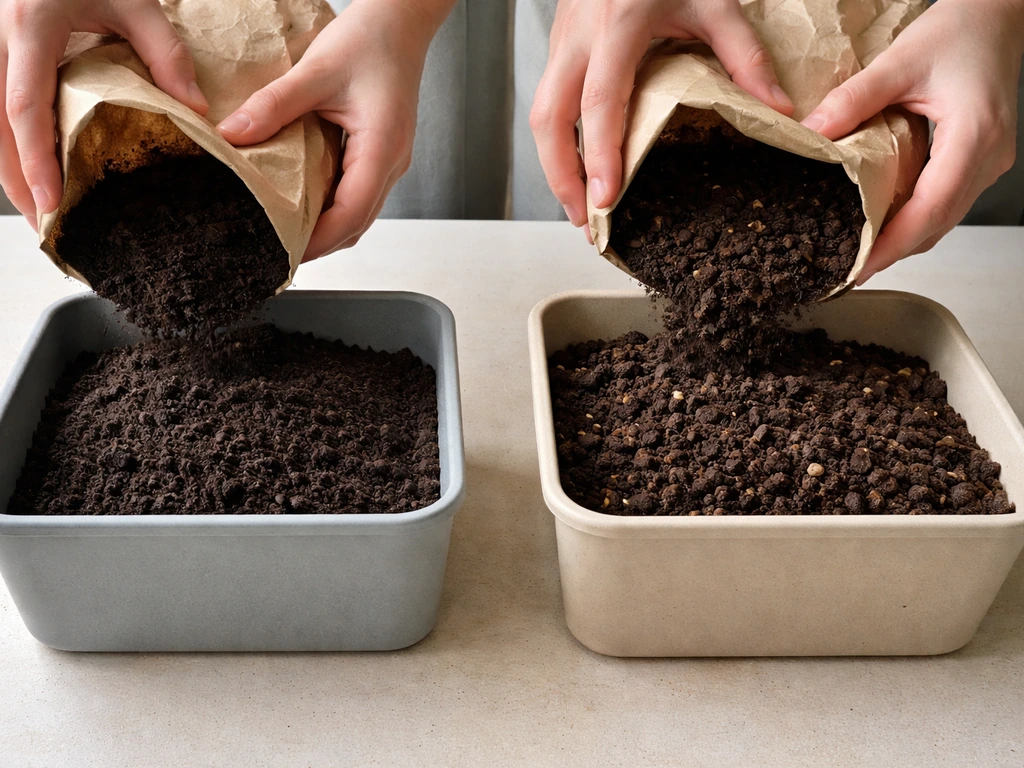 Peat-free seed compost and peat-free potting compost being poured into separate containers