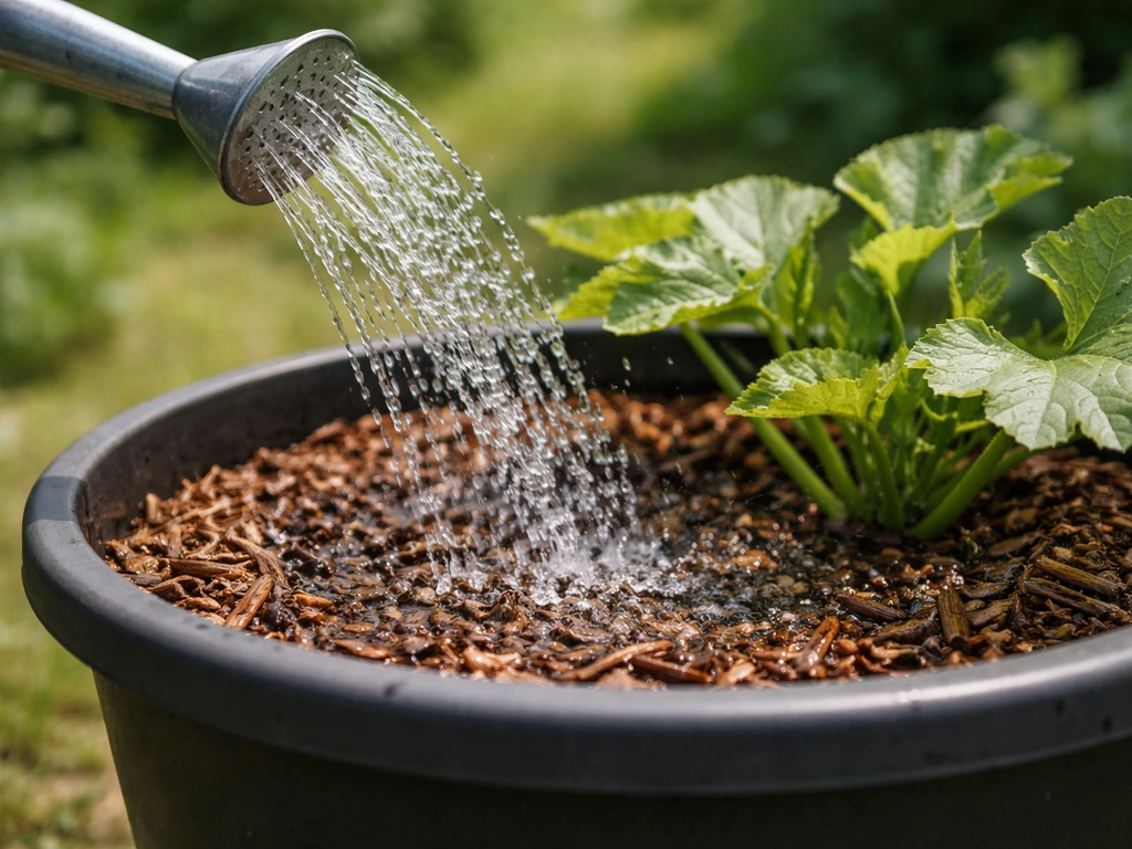 A watering can pouring water into a potted courgette, with mulch visible on the compost surface.