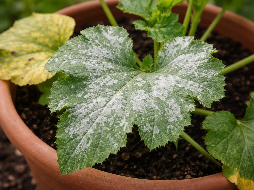 Close-up of courgette plant leaves showing powdery mildew and yellowing spots in a container garden.